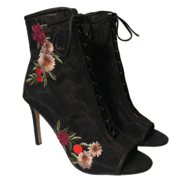 Gianni Bini High Heels Size 9M Black Embroidered Sandals Open Toe Ankle Booties - Picture 1 of 12